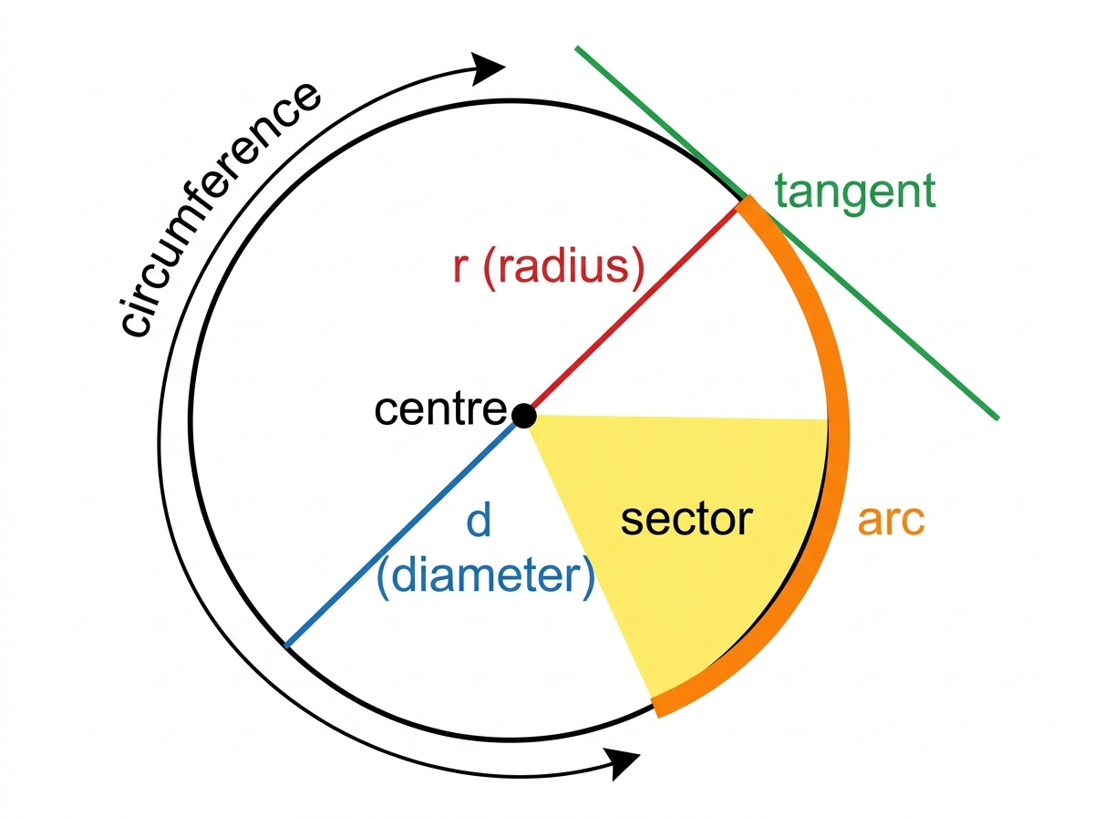 Labelled circle showing centre, radius, diameter, circumference, tangent, arc, and sector