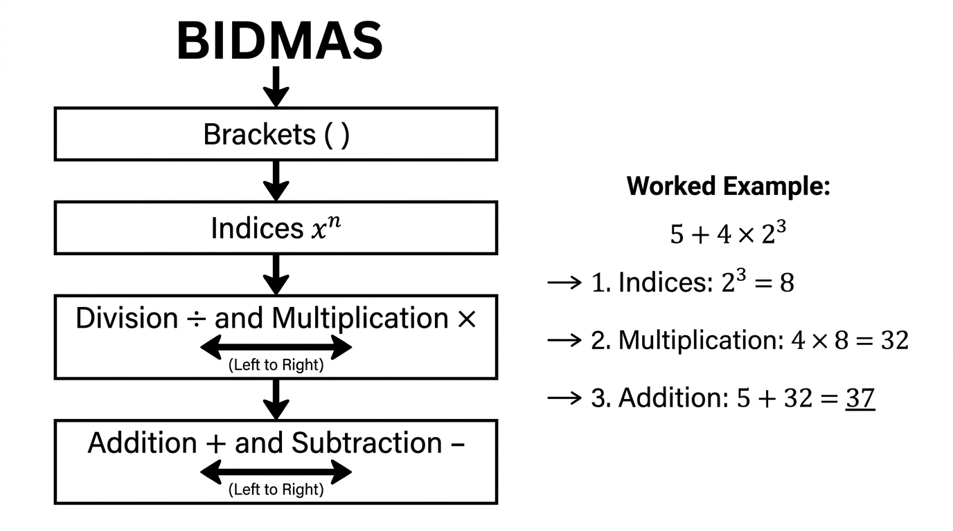 Flowchart showing BIDMAS order from Brackets to Indices to Division and Multiplication to Addition and Subtraction, with example 5 plus 4 times 2 cubed worked to 37