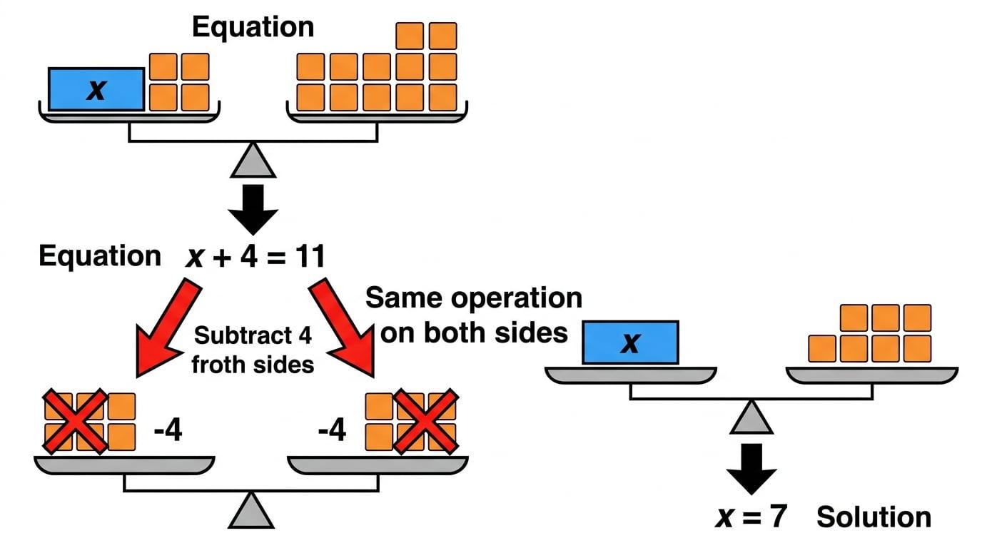 Balance scale with a box labelled x and four unit blocks on the left, eleven unit blocks on the right, and arrows showing subtract 4 from both sides to get x = 7