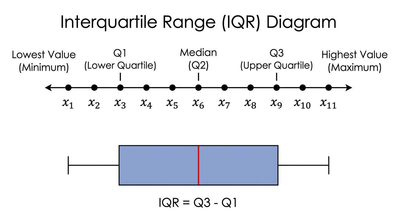 A labelled diagram showing ordered data, Q1, median, Q3 and the interquartile range on a simple box plot